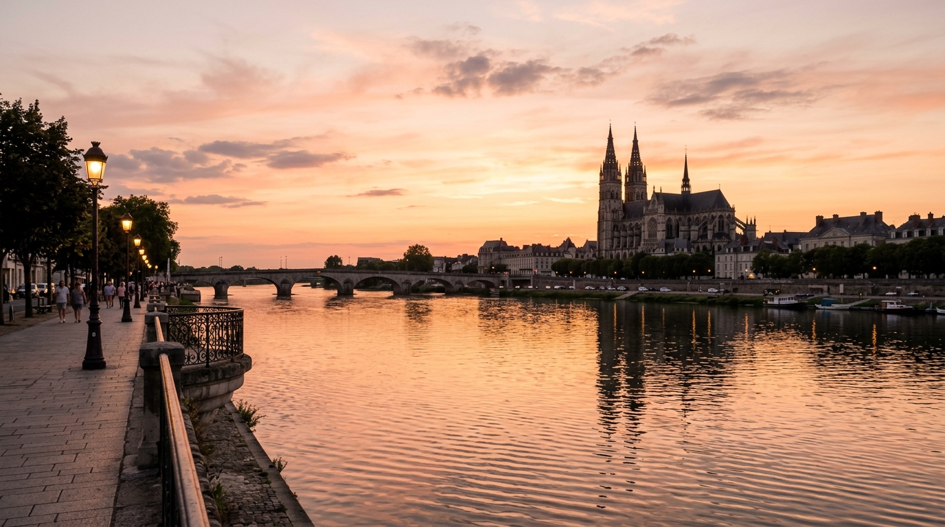 Bords de Loire à Tours sous un coucher de soleil doré
